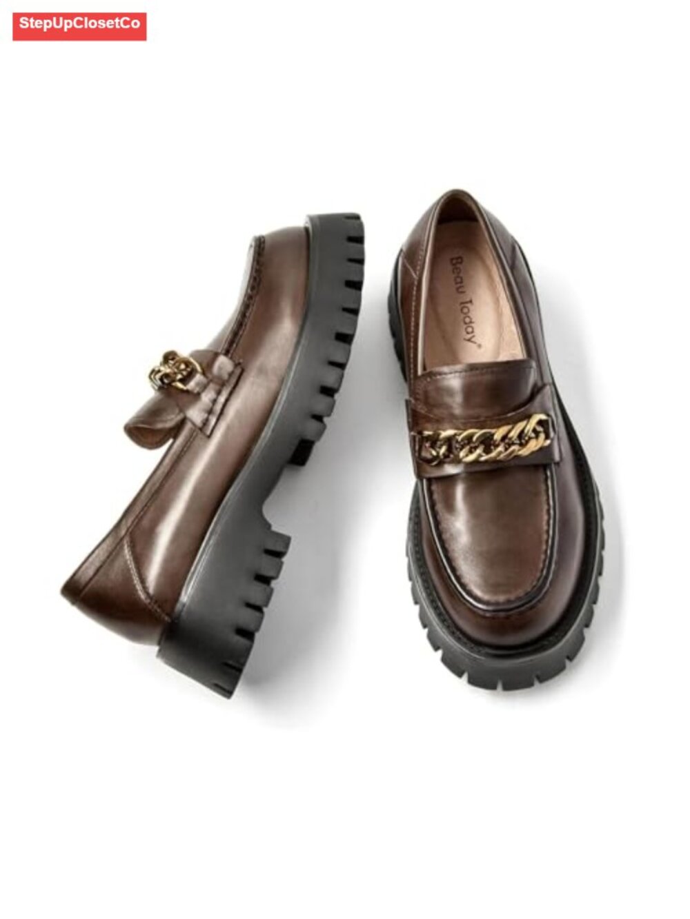 Chunky Platform Loafers Calfskin Slip-On Chain Business Work Office